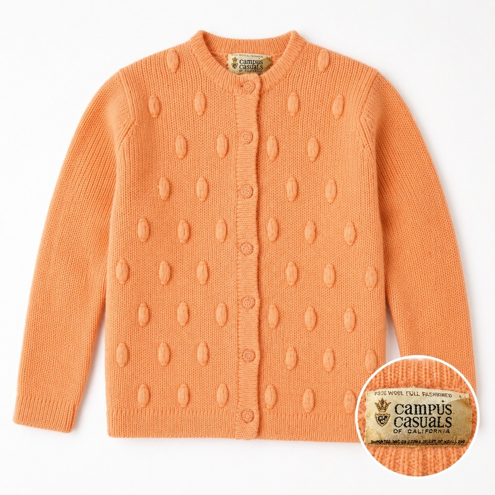 Vintage Campus Casuals Wool Cardigan Sweater Peach Popcorn Knit Women Small